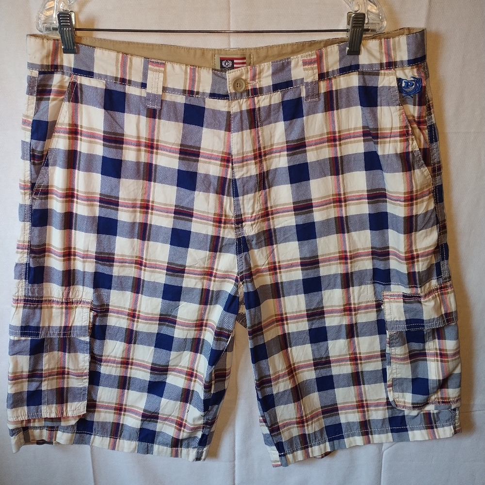 Men's Phat Farm Bermuda Shorts Blue Plaid Flat Front Cotton Size 36 Waist